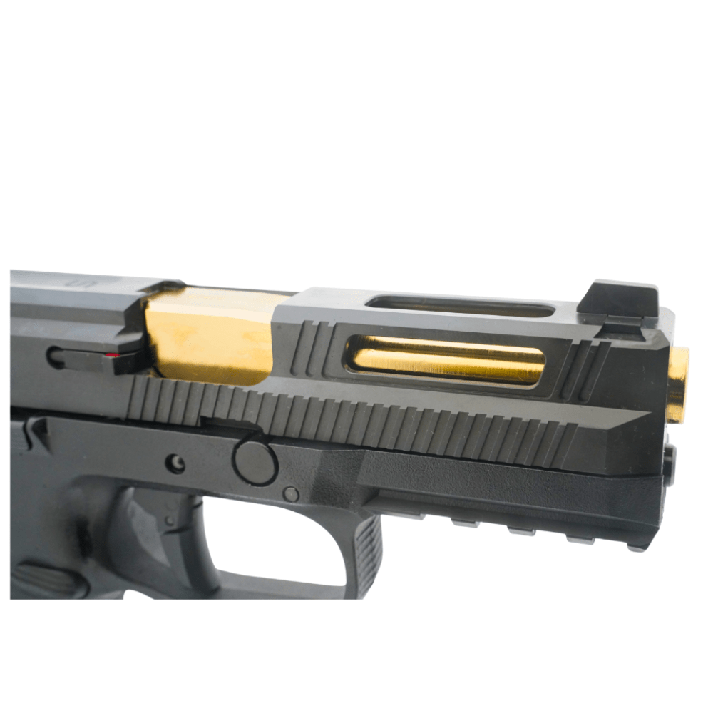 Cybergun Steel S - style FNS - 9 Gas Blowback Airsoft Pistol - Black / Gold - Bang Bang Airsoft