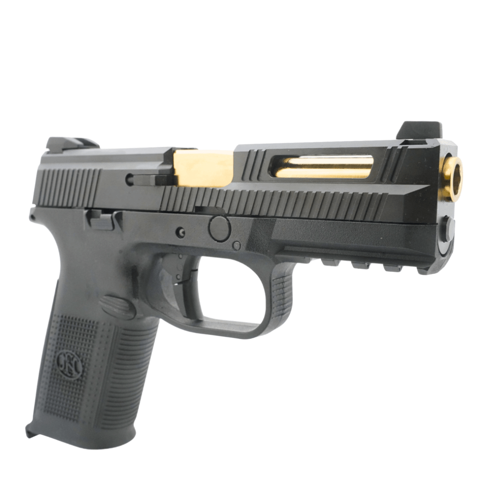 Cybergun Steel S - style FNS - 9 Gas Blowback Airsoft Pistol - Black / Gold - Bang Bang Airsoft