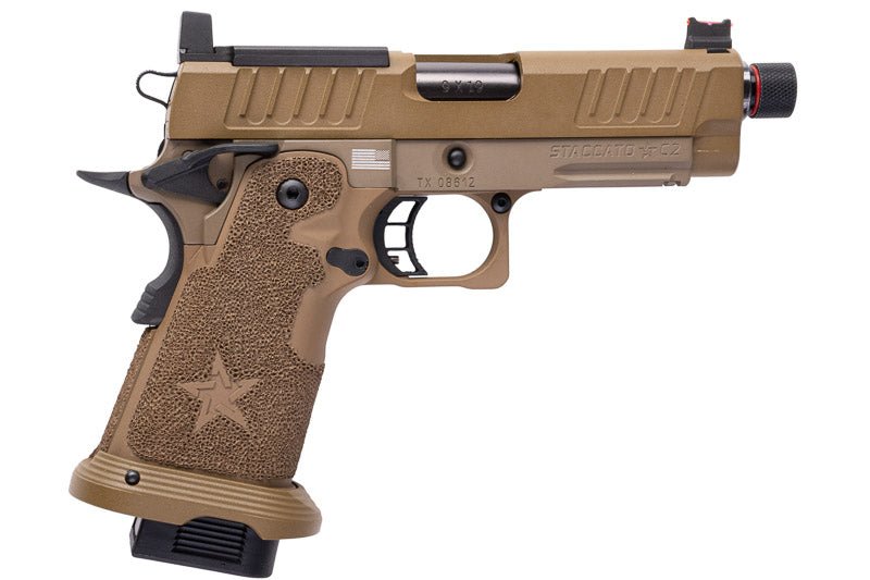 EMG 6mm Pro Shop Staccato C2 2011 SOC GBB Pistol w/ Hand - Made Stippling Grip - FDE (by Army Armament) - Bang Bang Airsoft