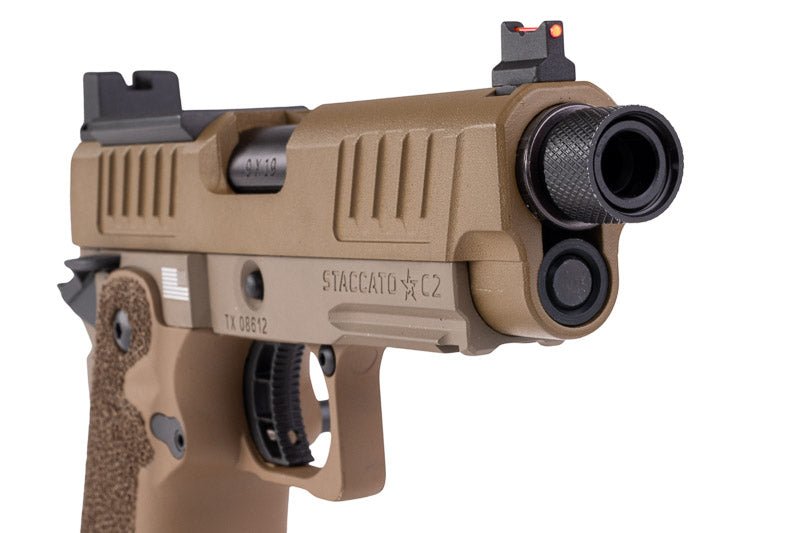 EMG 6mm Pro Shop Staccato C2 2011 SOC GBB Pistol w/ Hand - Made Stippling Grip - FDE (by Army Armament) - Bang Bang Airsoft