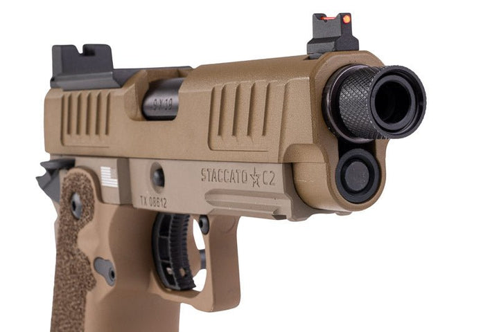 EMG 6mm Pro Shop Staccato C2 2011 SOC GBB Pistol w/ Hand - Made Stippling Grip - FDE (by Army Armament) - Bang Bang Airsoft