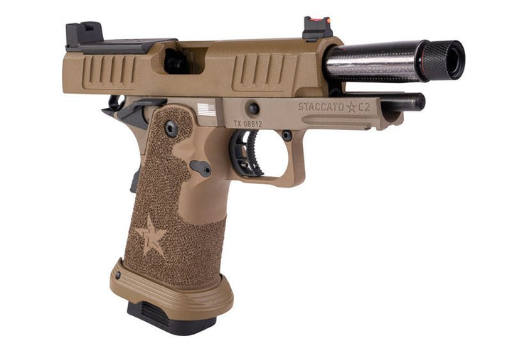EMG 6mm Pro Shop Staccato C2 2011 SOC GBB Pistol w/ Hand - Made Stippling Grip - FDE (by Army Armament) - Bang Bang Airsoft