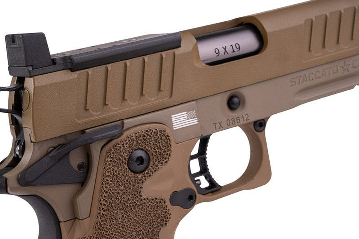 EMG 6mm Pro Shop Staccato C2 2011 SOC GBB Pistol w/ Hand - Made Stippling Grip - FDE (by Army Armament) - Bang Bang Airsoft