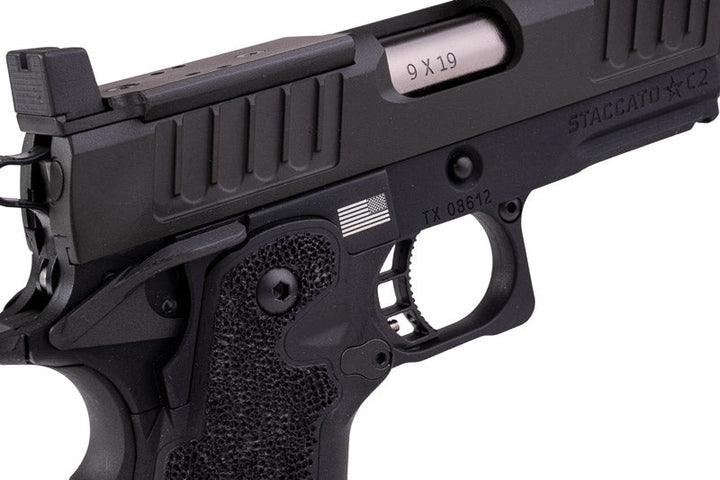 EMG 6mm Pro Shop Staccato C2 GBB Airsoft Pistol w/ Hand - Made Stippling Grip - BK (by Army Armament) - Bang Bang Airsoft