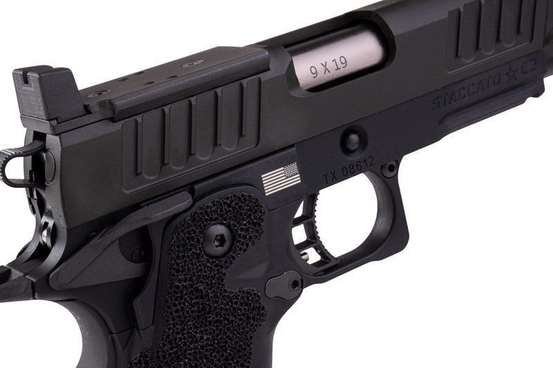 EMG 6mm Pro Shop Staccato C2 w/ Comp SOC GBB Pistol w/ Hand - Made Stippling Grip - BK (by Army Armament) - Bang Bang Airsoft