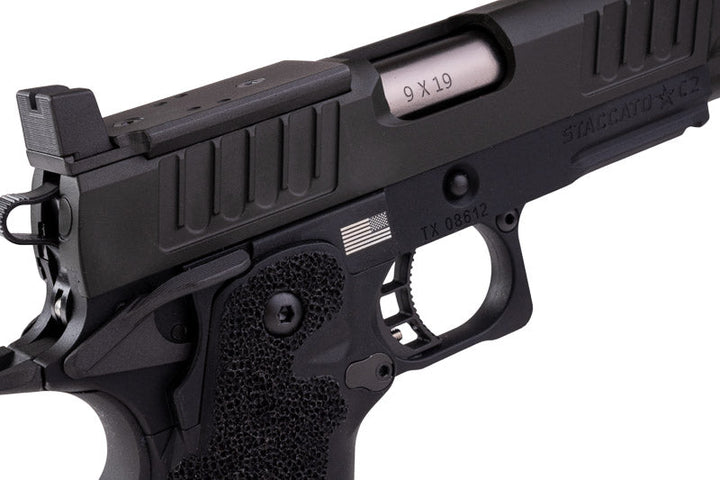 EMG 6mm Pro Shop Staccato C2 w/ Comp SOC GBB Pistol w/ Hand - Made Stippling Grip - BK (by Army Armament) - Bang Bang Airsoft