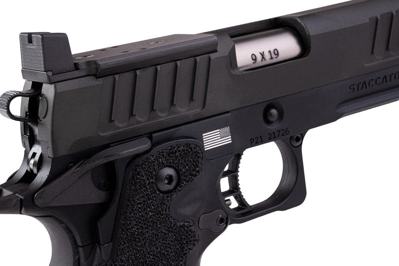 EMG 6mm Pro Shop Staccato P w/ Comp SOC GBB Pistol w/ Hand - Made Stippling Grip - BK (by Army Armament) - Bang Bang Airsoft