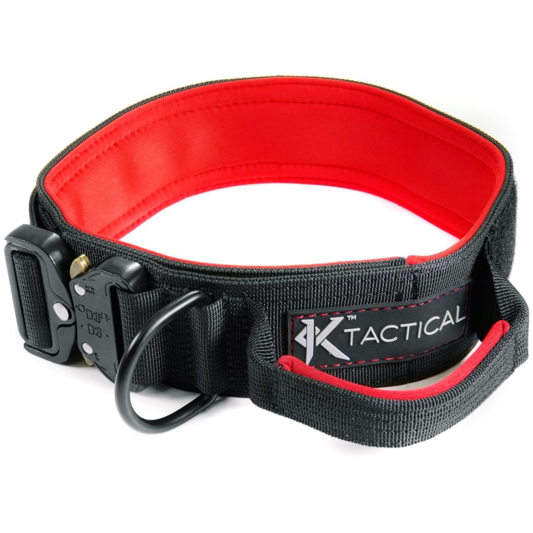 KTactical Tactical Dog Collar K9 Rugged Heavy Duty Handle Black + Red Ktactical Kit Patch - Bang Bang Airsoft