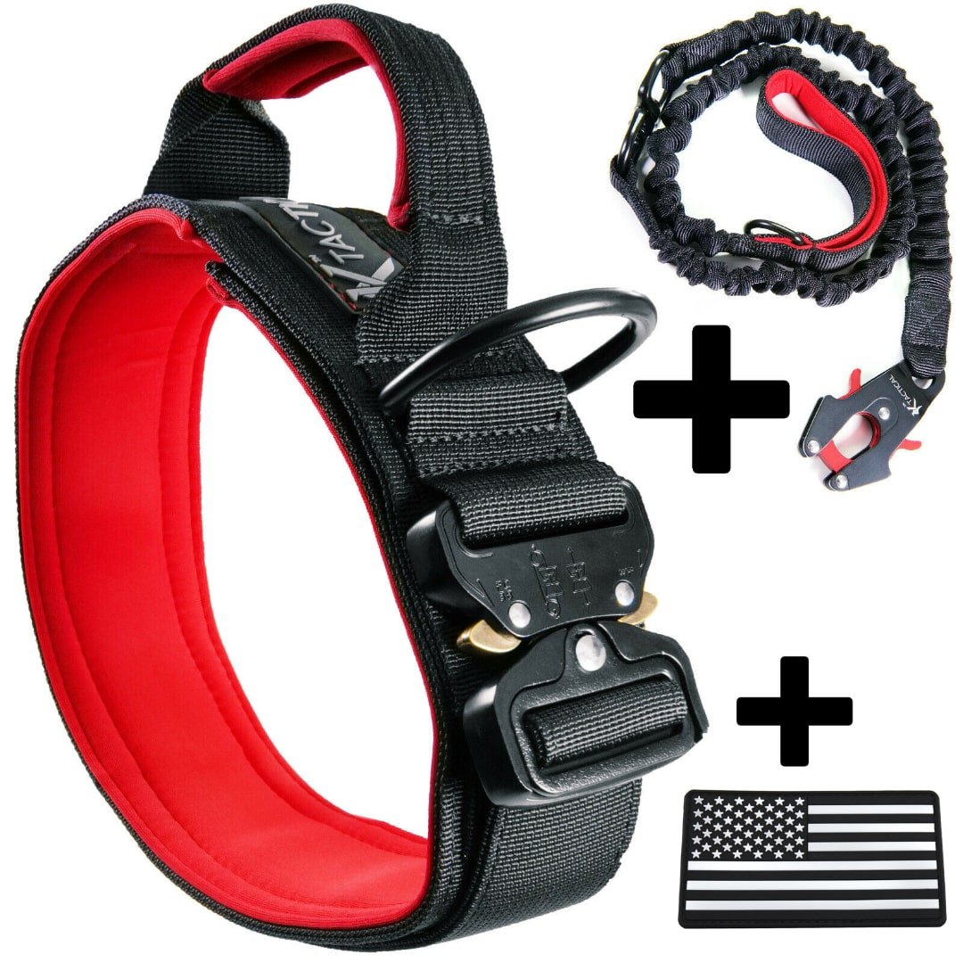 KTactical Tactical Dog Collar K9 Rugged Heavy Duty Handle Black + Red Ktactical Kit Patch - Bang Bang Airsoft