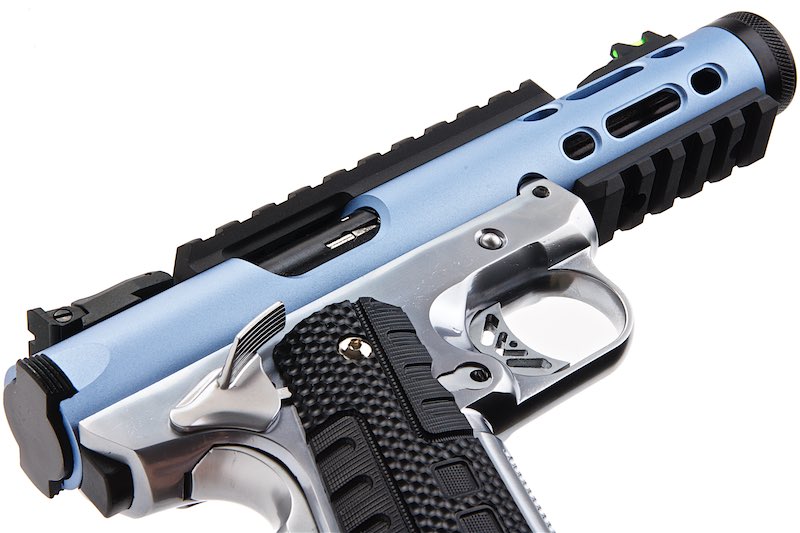 WE 1911 Galaxy Green Gas Airsoft Pistol - Blue Slide with Silver Frame - Bang Bang Airsoft