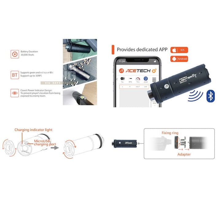 ACETECH Lighter BT Tracer Unit - Black (M14CCW) with M11 CW Adaptor & Micro USB charging cable - Bang Bang Airsoft