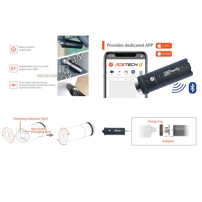 ACETECH Lighter BT Tracer Unit (M14CCW) with M11 CW Adaptor & Micro USB charging cable (Tan) - Bang Bang Airsoft