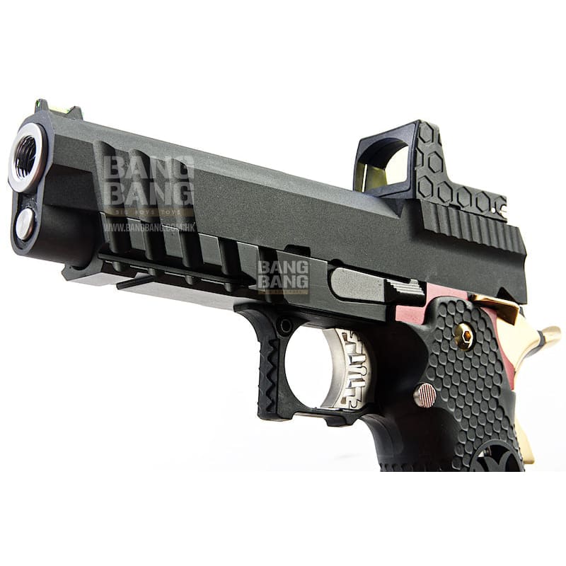AW Custom 'Competitor' Hi Capa Gas Blowback Pistol - Black w/ Red & Gold Trim - Bang Bang Airsoft