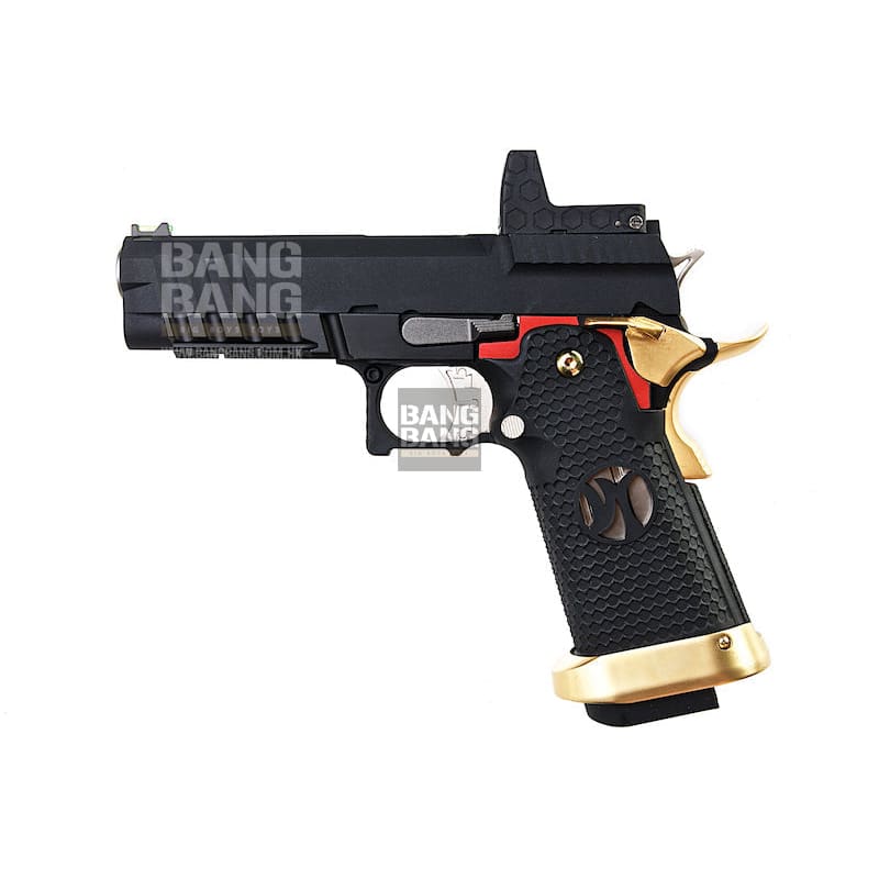 AW Custom 'Competitor' Hi Capa Gas Blowback Pistol - Black w/ Red & Gold Trim - Bang Bang Airsoft