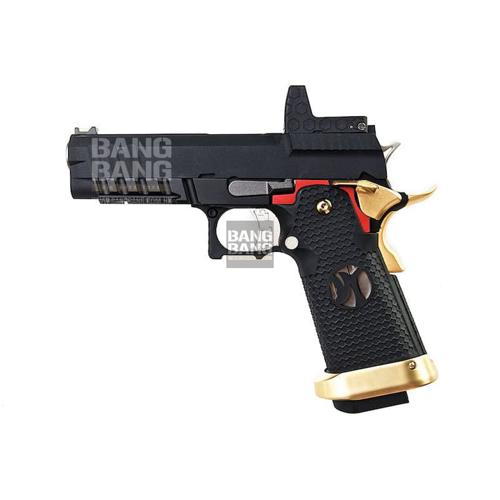 AW Custom 'Competitor' Hi Capa Gas Blowback Pistol - Black w/ Red & Gold Trim - Bang Bang Airsoft