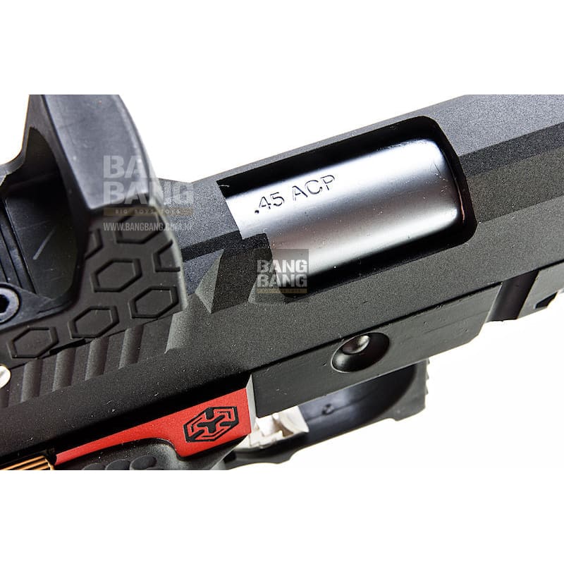 AW Custom 'Competitor' Hi Capa Gas Blowback Pistol - Black w/ Red & Gold Trim - Bang Bang Airsoft