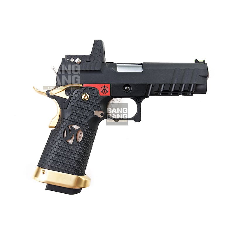 AW Custom 'Competitor' Hi Capa Gas Blowback Pistol - Black w/ Red & Gold Trim - Bang Bang Airsoft