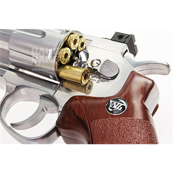 Gun Heaven (WinGun) 703 8 inch 6mm Co2 Revolver (Brown Grip) - Silver - Bang Bang Airsoft