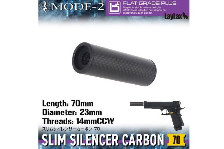 Laylax MODE - 2 Carbon Fiber Slim Silencer (14mm CCW, L: 70mm) - Bang Bang Airsoft