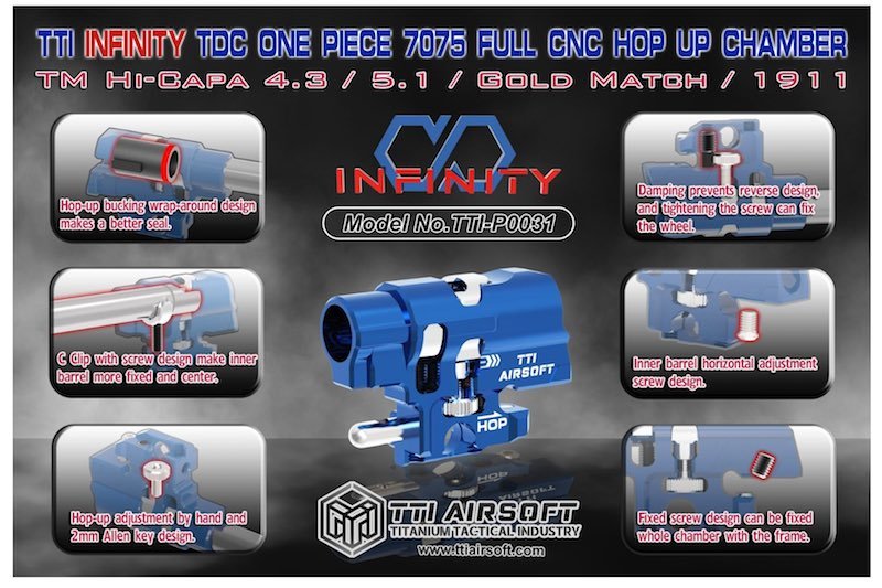 TTI Airsoft Tokyo Marui Hi Capa GBB Infinity One Piece Full CNC TDC Hop Up Chamber - Blue - Bang Bang Airsoft
